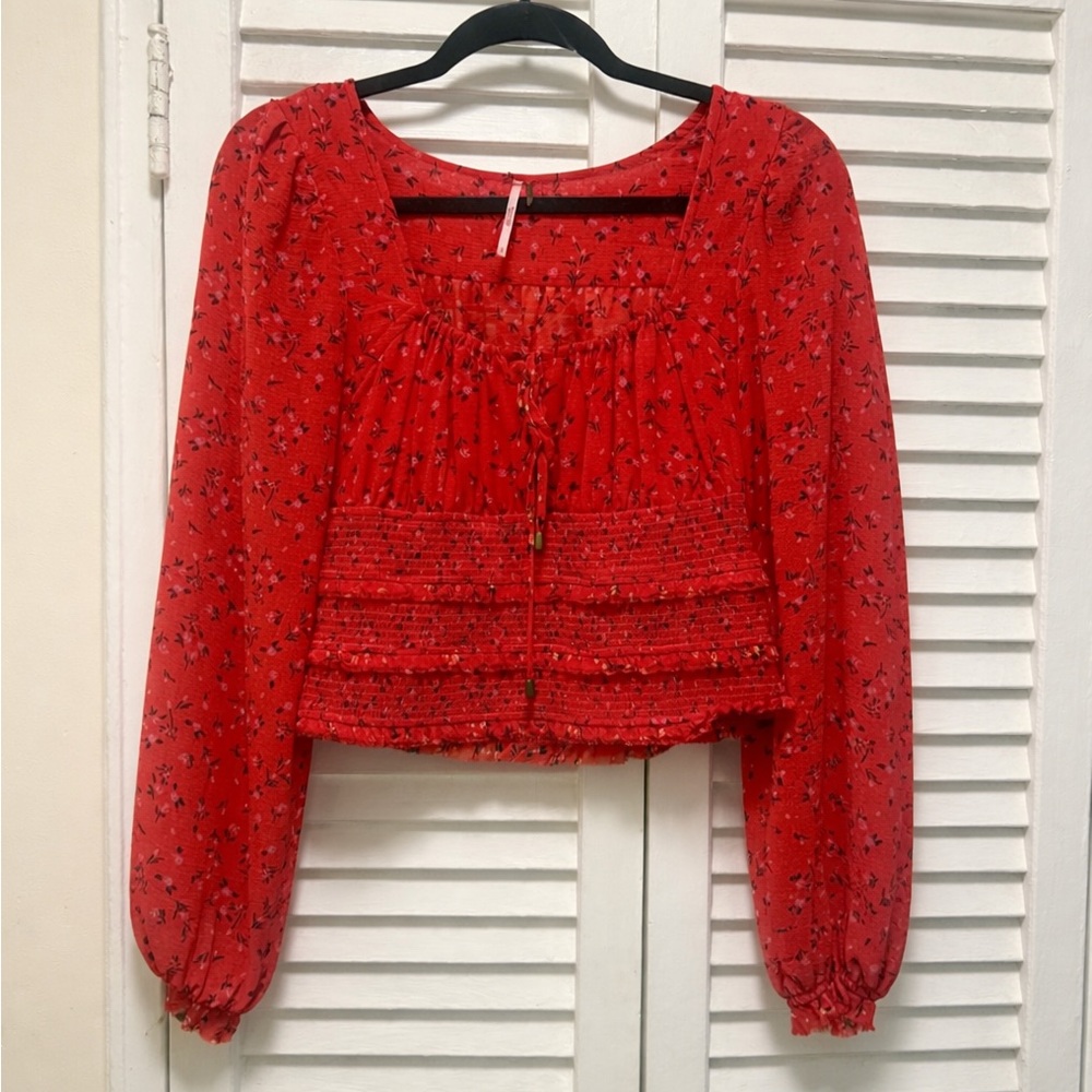 Free People NWT Red Floral Blouse